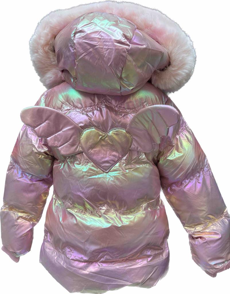 Růžová zimní bunda s naturálním kožíškem - Srdíčko